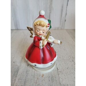 Napco musical Angel violin silent Night vintage Xmas ceramic mistletoe religious